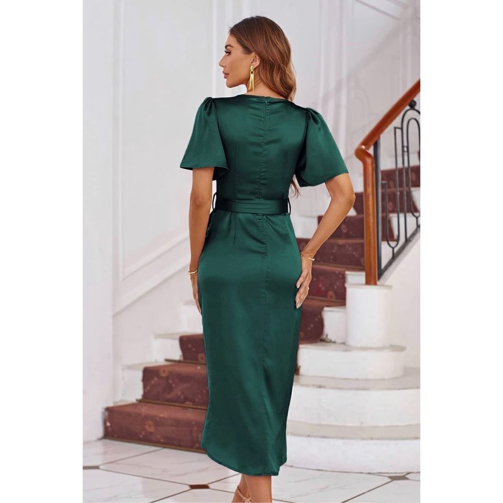 NEW Satin Cocktail Midi Dress Ruched Slit Wedding L NO BELT - Picture 3 of 6